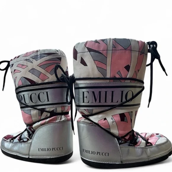 Emilio Pucci Lace Snow Winter Moon Boots US 8 Pink & Silver Iconic